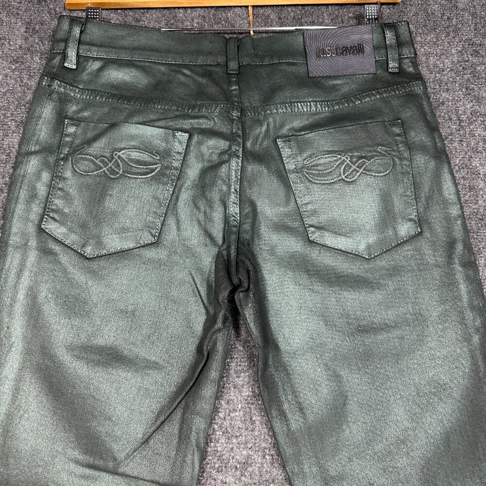 Just Cavalli  Jeans Womens 30 Green Waxy Skinny Cotton Stretch Pockets Zip Fly - Picture 8 of 9